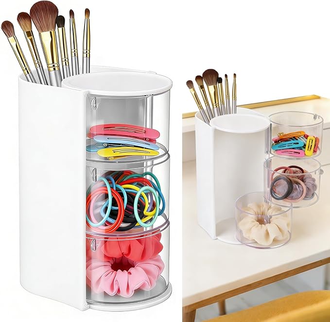 3-Tier Rotating Hair Accessories Organizer, 360° Spinning Storage Stand for Makeup Brushes and Jewelry, Compact Vanity Display Case for Girls, Holds Hair Clips, Earrings, Rings, Bracelets(White)