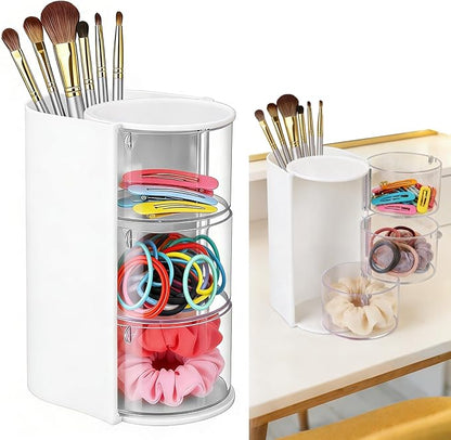 3-Tier Rotating Hair Accessories Organizer, 360° Spinning Storage Stand for Makeup Brushes and Jewelry, Compact Vanity Display Case for Girls, Holds Hair Clips, Earrings, Rings, Bracelets(White)