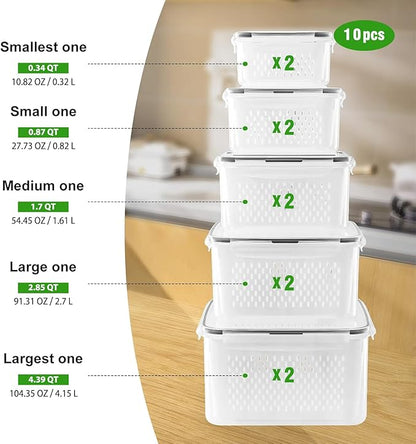 Freshmage Fruit Storage Containers for Fridge with Removable Colander, Airtight Food Storage Container, Dishwasher Safe Produce Saver for Refrigerator, Keep Berry Fruit Fresh Longer 10 pcs Large Clear