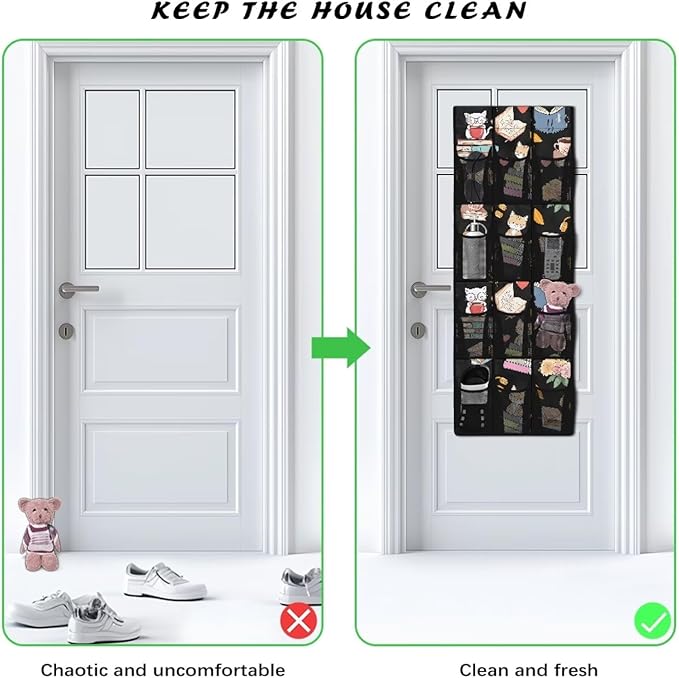 Cat Reading Over The Door Pantry Organizer,Hanging Baskets with 12 Mesh Large Pockets,Over The Door Organizer,Pantry Organizers and Storage,Stable Spice Rack for Kitchen,Bathroom