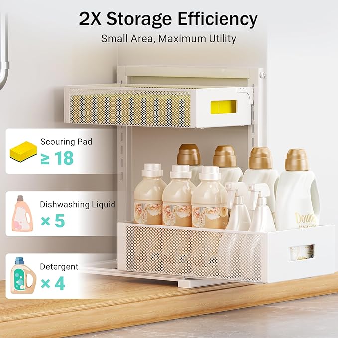 Petiza Under Sink Organizer Adjustable Height 2 Tier Bathroom Organizer Pull Out Cabinet Organer kitchen organizers and storage fridge organizers and storage,White,XL-1 Pack