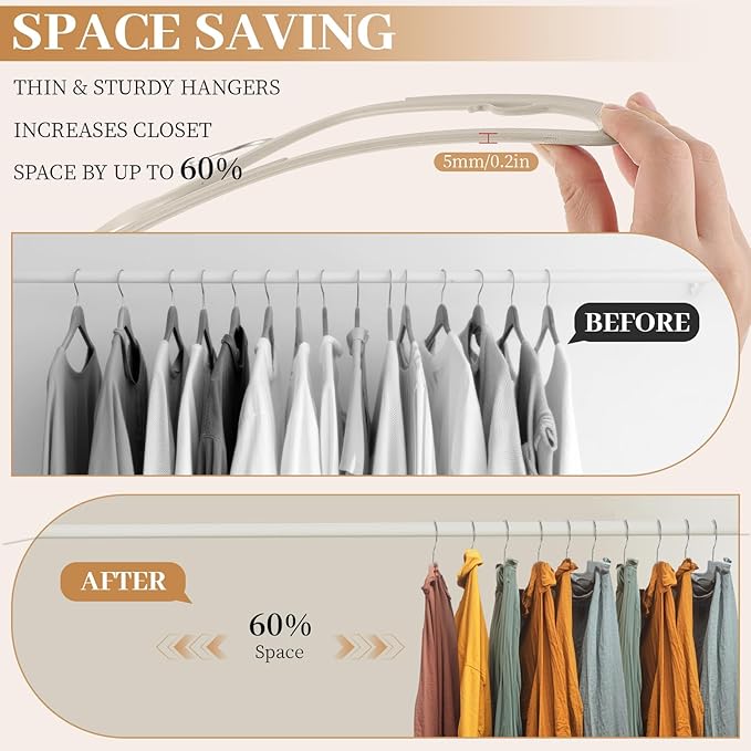 LemonRoad 50 Pack Short Neck Hangers, Upgraded Non-Slip Plastic Hangers Lifts Clothes 3" Higher, Space Saving 360 Swivel Hook for Closet Organizer, Shirts Jackets Dresses, Smooth (Warm Beige)