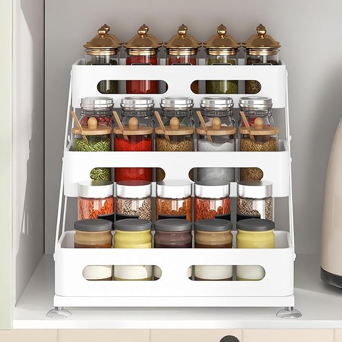 Ceetug 3 Tier Foldable Spice Rack for Countertop Iron Kitchen Seasoning Organizer for Cabinet, White