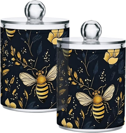 4 Pack Qtip Holder Dispenser Bumblebee Wildflowers Cotton Ball Cotton Swab Cotton Round Pads Floss Clear Bathroom Storage Containers Plastic Apothecary Jars with Lids