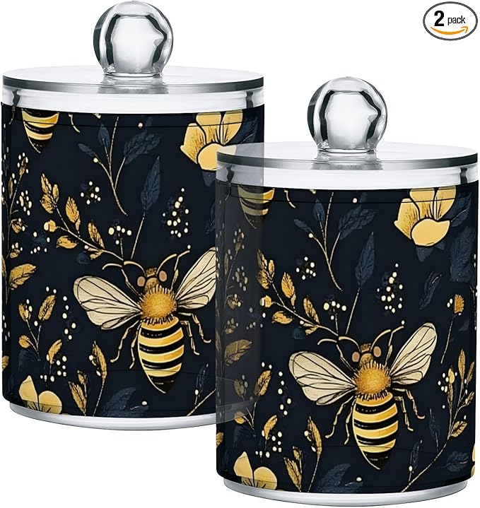 2 Pack Qtip Holder Dispenser for Cotton Ball Bumblebee Wildflowers Cotton Swab Round Pads Clear Plastic Acrylic Jar Set Bathroom Canister