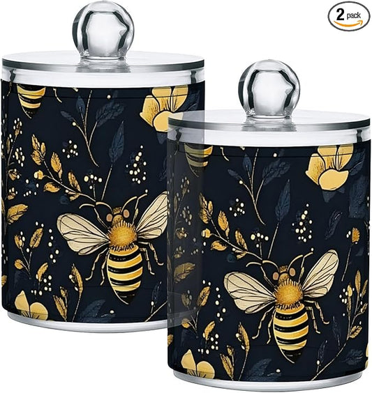 2 Pack Qtip Holder Dispenser for Cotton Ball Bumblebee Wildflowers Cotton Swab Round Pads Clear Plastic Acrylic Jar Set Bathroom Canister