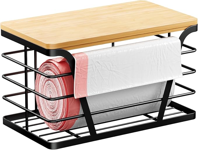 TIDIIABODE Small Grocery Bag Holder, Trash bag holder with Removable Bamboo Top, Wall Mount, No Drill, Stainless Steel, Black