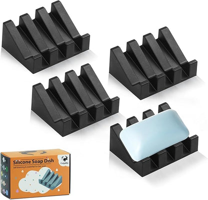 Self Draining Soap Dish Holder,Silicone Soap Dish,for Bathroom,Kitchen, Sponges，Can Extend Soap Life，Keep Soap Bars Dry and Easy Cleaning (Black,4-Pack)