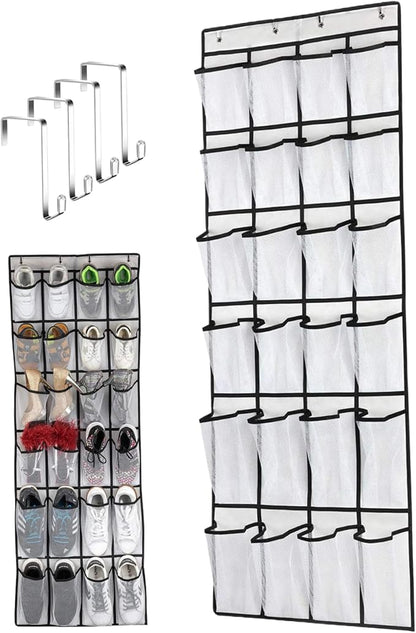 Over the Door Shoe Organizer, 24 Pocket Breathable Mesh Hanging Shoe Organizer, Up to 40 Pounds Non Slip Holder, Sturdy over the Door Storage Fits for Size 13 Shoes 59x21