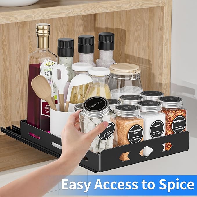 BOIVSHI Pull Out Spice Rack, Heavy Duty Spice Rack Organizer, 1 Tier Spice Organization for Cabinet, Vertical Spice Rack for Kitchen, Cabinet, Pantry (8.4''Wx10.5''Dx2.8''H, Metal Black)