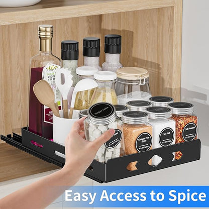 BOIVSHI Pull Out Spice Rack, Heavy Duty Spice Rack Organizer, 1 Tier Spice Organization for Cabinet, Vertical Spice Rack for Kitchen, Cabinet, Pantry (8.4''Wx10.5''Dx2.8''H, Metal Black)