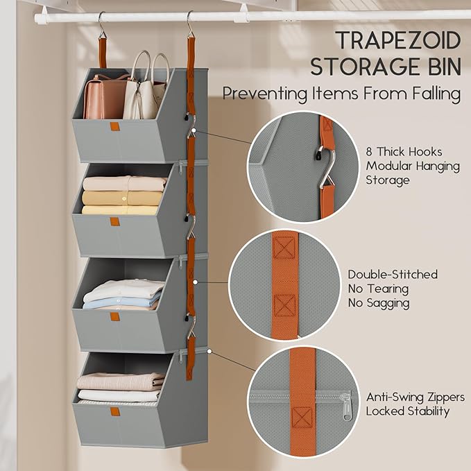 Homsorout Hanging Closet Organizer 4 Tier - Clothes Hanging Shelves, Space-Saving Closet System, Fabric Storage Bins Bedroom Organization, Collapsible Baskets for Home, Dorm, Rv, Grey, 8 Pack