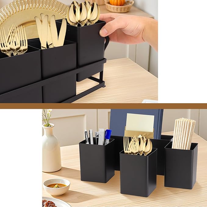 Silverware Caddy Metal Utensil Holder for Party Countertop Silverware Utensil Caddy Cutlery Flatware Organizer for Spoons Forks Plates Napkins Black