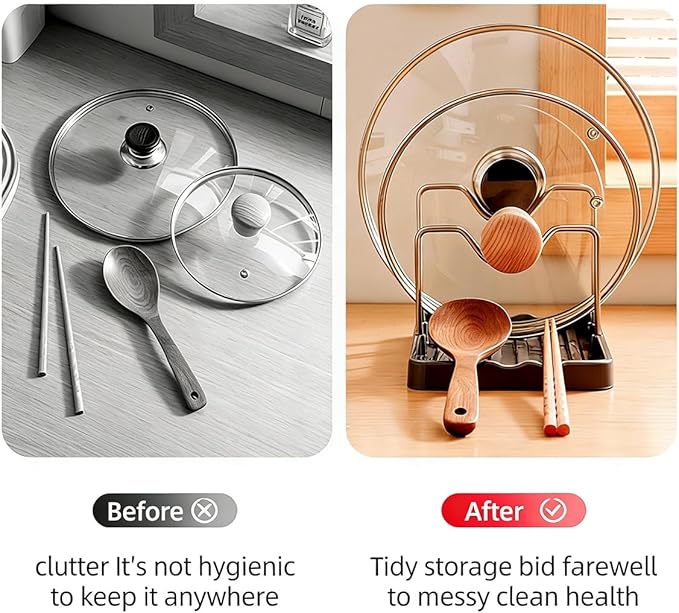 Pot lid Holder And Spoon Rest, 2 Layers Lid And Spoon Rest Pot Lid Organizer With Drip Tray, Multifunction Kitchen Gadget Rack For Cooking (Black)