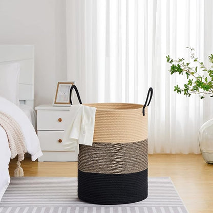 VIPOSCO Large Laundry Hamper, Tall Woven Rope Storage Basket for Blanket, Toys, Dirty Clothes in Living Room, Bathroom, Bedroom - 100L Brown & Black