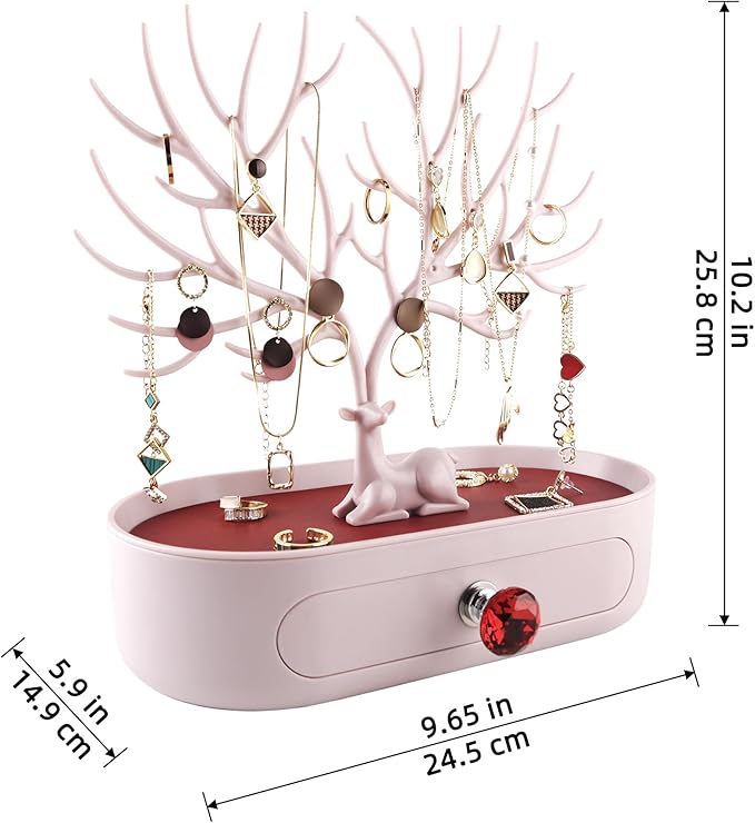MORE&LESS Red Artificial Leather and Red Crystal Handle Deer Jewelry Display Rack for Ring Earrings Necklace Bracelet
