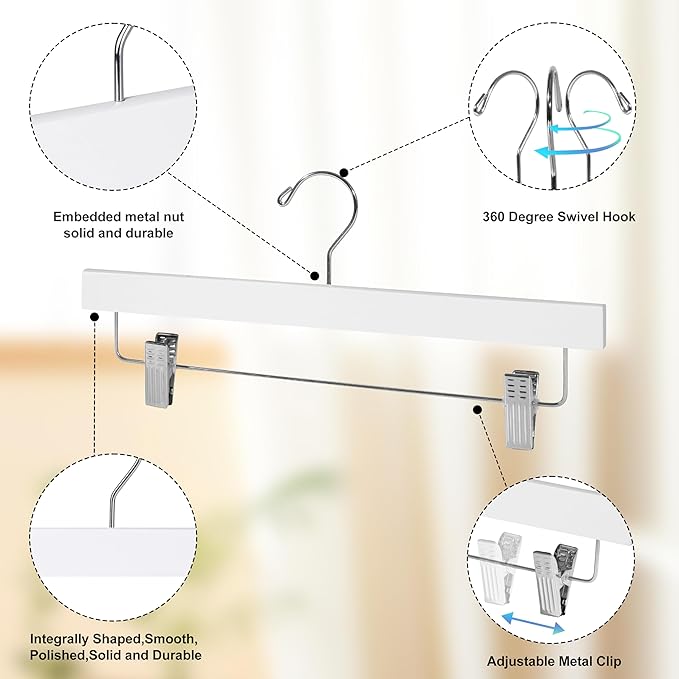 Quality Hangers Wooden Pants Hangers - 20-Pack Swivel Hook Cloth Hanger Set - Lotus Wood Skirt, Pant, Shorts and Slack Hangers with Adjustable Clip – White Clothing Hanger (White, 20)