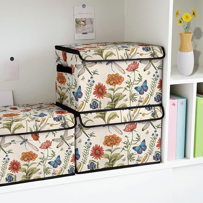 Stackable Clothes Storage Bins with Lids,Closet Organizers Fabric Cat Printing Box for Home and Office,Blanket Clothes Organizers,Under Bed Storage Containers 3 Pack.