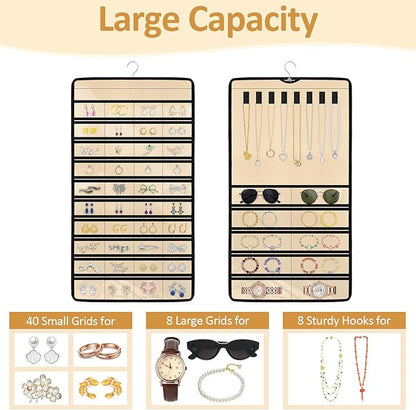 Hanging Jewelry Organizers and Storage, Double-Sided Jewelry Necklace Holder for Jewelries, Earrings, Accessories, Rings on Closet, Door, Wall (1,Beige)