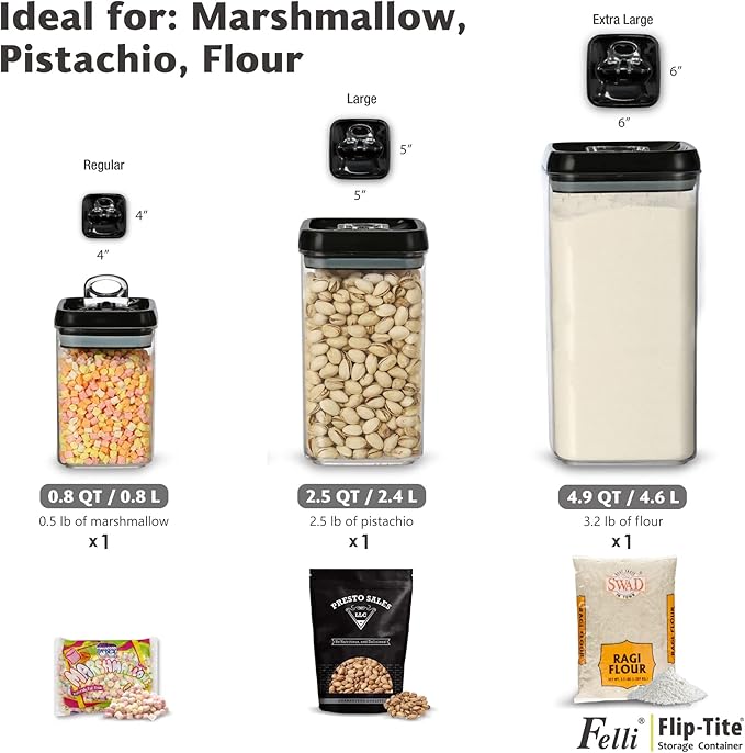 Felli Flip Tite Acrylic Food Storage Container with Lid 6” XL Air Tight Ring Seal Flip Lock, Plastic Kitchen Baking Canister for 5 lb Flour Sugar Rice Protein Powder Pantry Organizer (Nest-L Black)