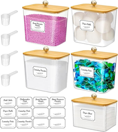 Lifewit Laundry Pods Container with Lid, Dryer Sheet Holder, Room Organization Storage for Coffee Pods Kcup Washing Powder, Scent Booster Beads, 2600 +2000ml/0.53+0.7gal，Natural,5 Pcs