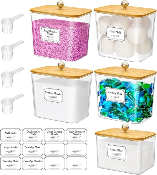 Lifewit Laundry Pods Container with Lid, Dryer Sheet Holder, Room Organization Storage for Coffee Pods Kcup Washing Powder, Scent Booster Beads, 2600 +2000ml/0.53+0.7gal，Natural,5 Pcs
