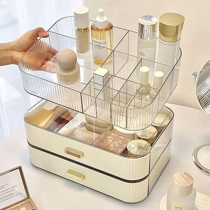 Makeup Organizer with Stackable Drawers, Bathroom Vanity Organizers and Storage, Ideal for Desk and Dresser Countertops, Great for Cosmetics, Skincare, Lipsticks, Nail Care - Cream
