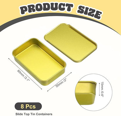 uxcell 8Pcs Slide Top Tin Containers, Mini Metal Empty Tins Box with Sliding Lids, 3.1"x2"x0.6" Rectangular Storage Organizers for Lip Balm, Solid Perfume, Small Items, Light Gold