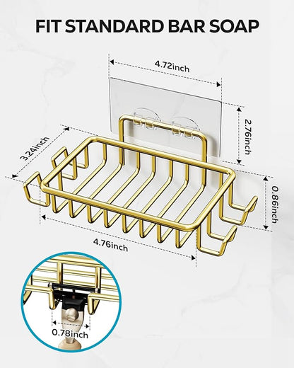 Nieifi Bar Soap Holder for Shower Wall with 4 Hooks, Stainless Steel Adhesive Soap Dish for Bathroom, Golden