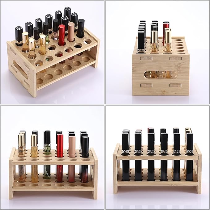 ELLDOO Rollerball Perfume Organizer, 24 Spaces Bamboo Perfume Storage Holder Beauty Scent Holder with Handle, Makeup Lipgloss Lipstick Display Case