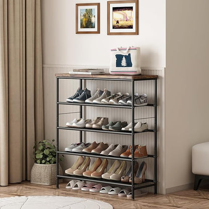INGIORDAR Shoe Rack Organizer 5 Tier Metal Organizer Shelf with Industrial MDF Board and Layer Fabric for Entryway Closet Bedroom Living Room Garage,Black & Rustic Brown (Black+Rustic Brown, 5 Tier)
