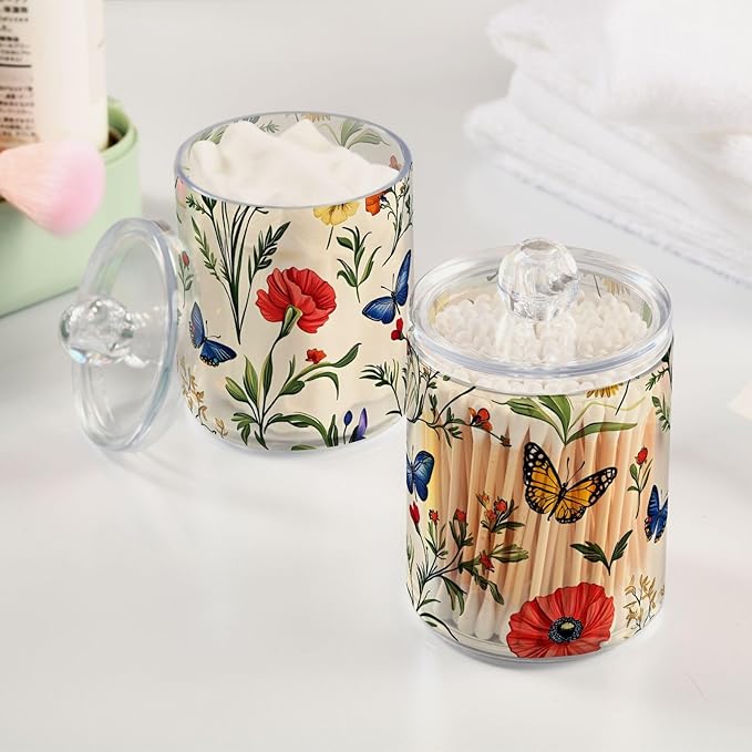 4 Pack Qtip Holder Dispenser Butterfly Tulip Wildflower Cotton Ball Swab Round Pads Floss Clear Bathroom Storage Containers Plastic Apothecary Jars with Lids