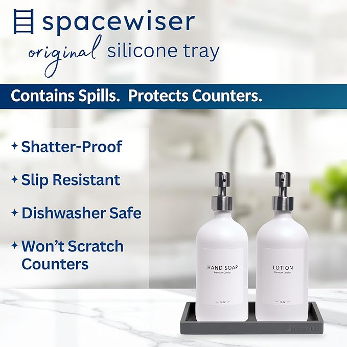 Spacewiser Countertop and Vanity Tray - 2 PC Small 7.7" Silicone Bathroom Trays, Kitchen Soap Tray, Dish Sponge Soap Holder Kitchen Sink Organizer Caddy, Bathroom Counter Trays for Lotion Dispenser