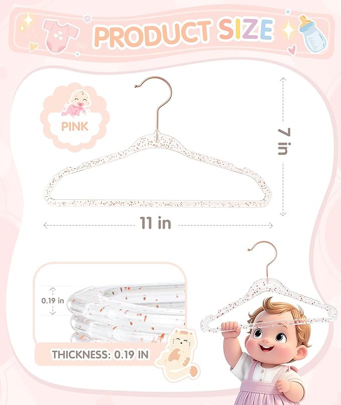 VIS'V Baby Hangers, 11 Inch Acrylic Kids Glitter Hangers for Infant Toddler Nursery Closet Clothes Organization, Pink, 30 Pcs