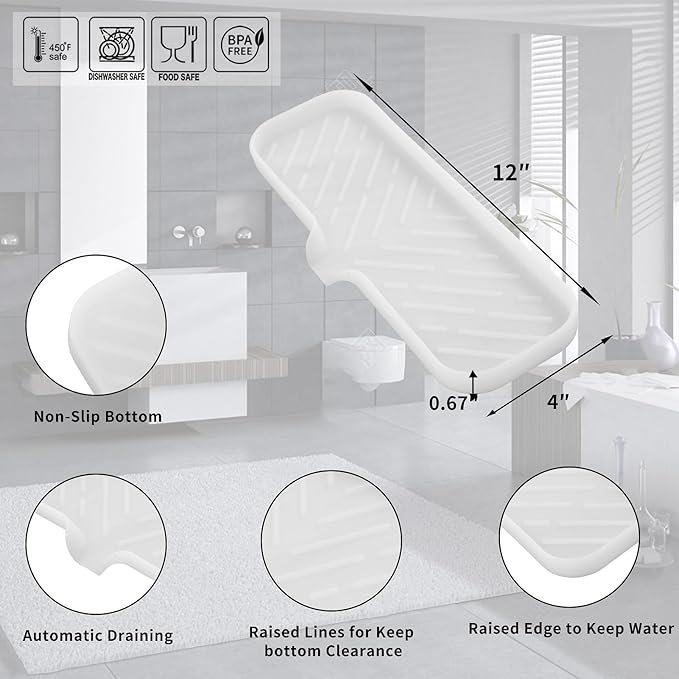 MicoYang Silicone Bathroom Soap Dishes with Drain Spout-Bathroom and Kitchen Sink Organizer,Sponge Holder,Dish Soap Tray,Perfect for Dispenser,Scrubber,Bottle,Cup on Sink or Counter-Translucent 12"×4"