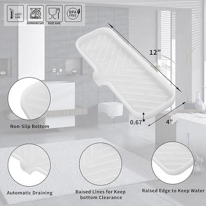 MicoYang Silicone Bathroom Soap Dishes with Drain Spout-Bathroom and Kitchen Sink Organizer,Sponge Holder,Dish Soap Tray,Perfect for Dispenser,Scrubber,Bottle,Cup on Sink or Counter-Translucent 12"×4"