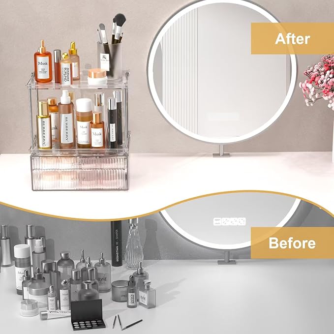 2-Tier 2-Drawer Bathroom Countertop Organizer : Large Multi-Purpose Makeup Vanity Organizer - Perfume & Skincare Storage Amber Clear
