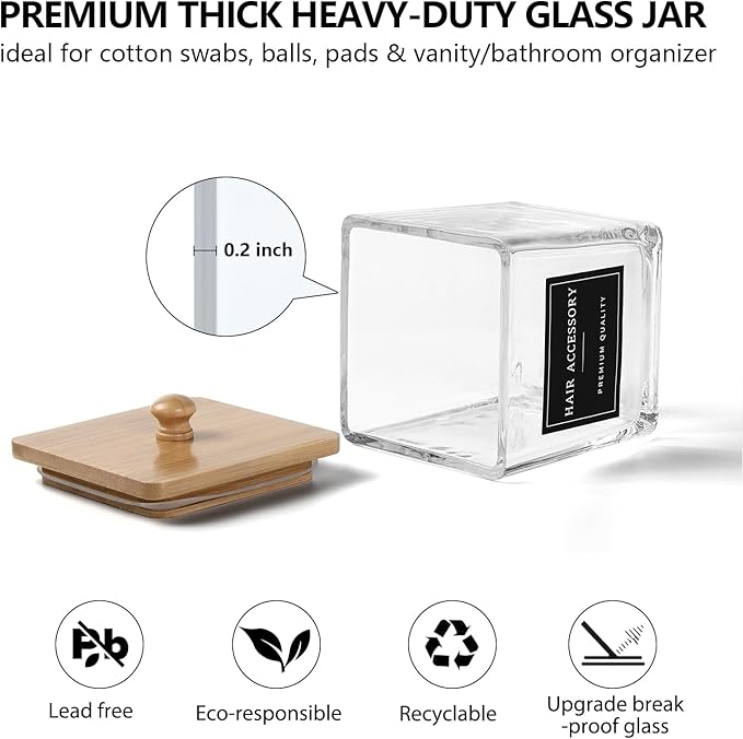 eggs sound 2 Pack Qtip Holder Dispenser for Bathroom, Thick Glass Apothecary Jars, Bathroom Organizer Containers for Cotton Balls, Swabs, Pads, Floss Picks, Canisters with Bamboo Lids