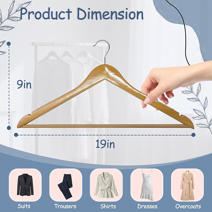 King Mills 19 Inch Plus Size Hangers, Extra Wide Hangers for Plus Size Clothes, Ganchos para Colgar Ropa, Ideal for XL, XXL Shirts, Coats, Dresses, Etc. Wood. Natural 10pk