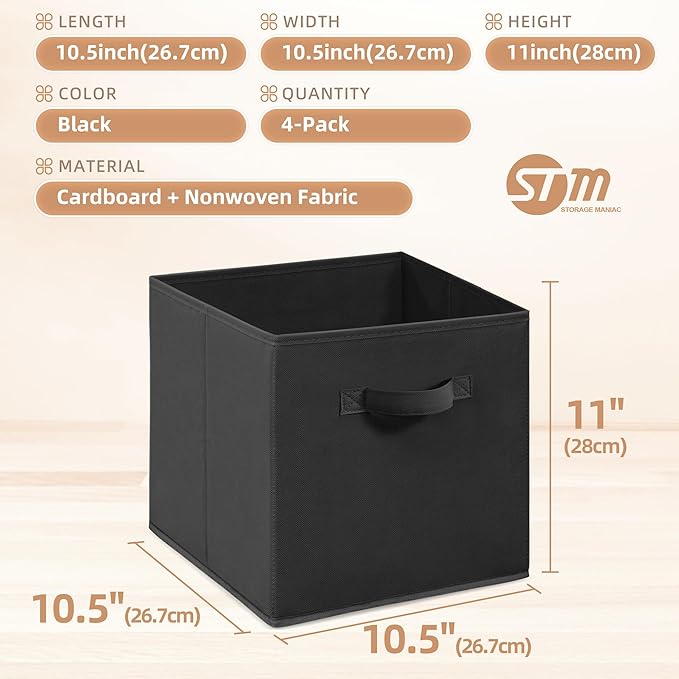STORAGE MANIAC Storage Cubes, 11 Inch Collapsible Storage Bins with Handles, 4 Pack Fabric Foldable Bins for Organization, Durable Storage Bins for Closet, Shelves, Offices, Toys, 4-Pack Black