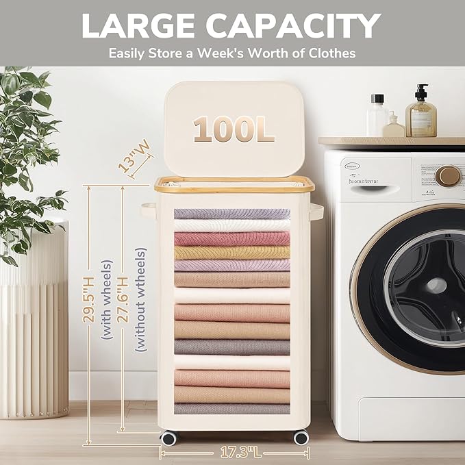 Goodpick Laundry Basket with Wheels, Large Laundry Hamper with Lid 100L Clothes Hamper with Removable Laundry Bag Collapsible Dirty Clothes Basket for Laundry Room, Bedroom, Beige