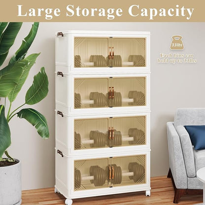 Storage Bins with Lid, 90 Gal/360 Qt Capacity, 4 Pack Large Stackable Storage Bins with Lid, White Collapsible Lidded Bins with Wheels, Foldable, Customizable, for Home Organization
