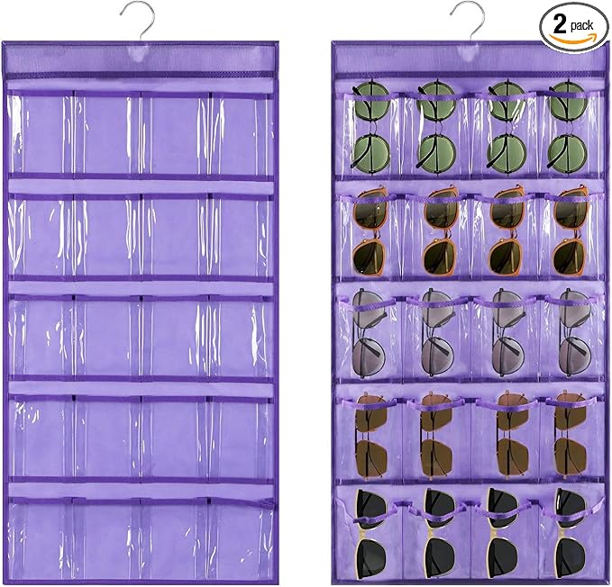 2 Pcs Sunglasses Organizer Storage Sunglass Holder for Wall Hanging Eyeglass Organizer for Multiple Glasses with 40 Clear Slots (PURPLE)