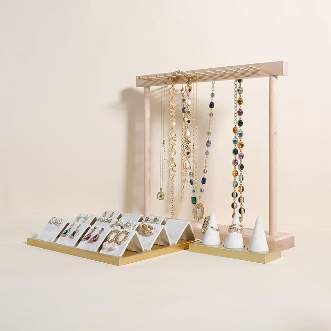 Medium necklace hanger shelf with 12 copper bars, Wooden jewelry storage organizer rack for hanger necklace bracelet, necklace display stand for boutique store【Maple】