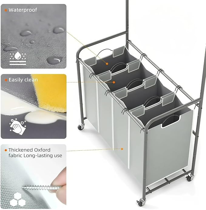 ROMOON Laundry Hamper Sorter Cart: 4 Section Organizer with Hanging Bar and Heavy-duty Lockable Wheels | 180L Rolling Laundry Basket with Clothes Rack in Laundry Room or Small Spaces (Grey)