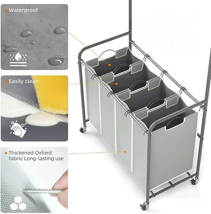 ROMOON Laundry Hamper Sorter Cart: 4 Section Organizer with Hanging Bar and Heavy-duty Lockable Wheels | 180L Rolling Laundry Basket with Clothes Rack in Laundry Room or Small Spaces (Grey)