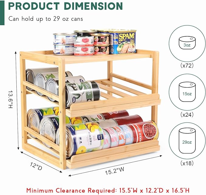Yumkfoi Can Organizer for Pantry, 3 Tiers Pantry Can Organizer Hold up to 72 3oz Cat Can, Rolling Can Storage Soda Dispenser Can Holders for Cabinet