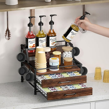 Homsorout Coffee Syrup Rack Organizer - 4-Tier 8 Syrup Wine Bottles Stand with 82 Storage Drawer for K Cups, Coffee Pod Holder for Countertop, Bar Station, Kitchen, Rustic Brown