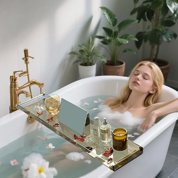 Acrylic Bathtub Tray Caddy, Clear Bath Shelf Tub Rack with Golden Handle, Luxury Bathroom Organizer Tablet Holder (Transparent Black) SHUNLI