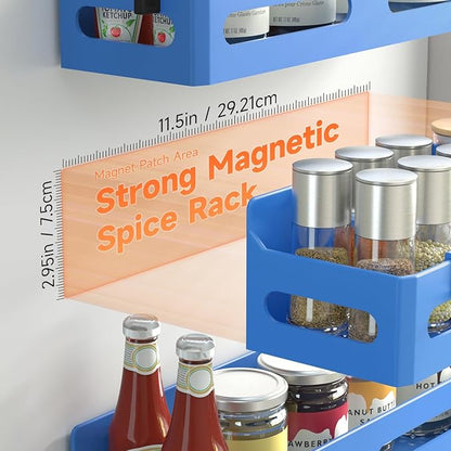 Sevenblue 4 Pack Strong Magnetic Spice Rack for Refrigerator, Multipurpose Magnetic Shelf for Fridge with 4 Hooks for kitchen and Bathroom Organization, Blue